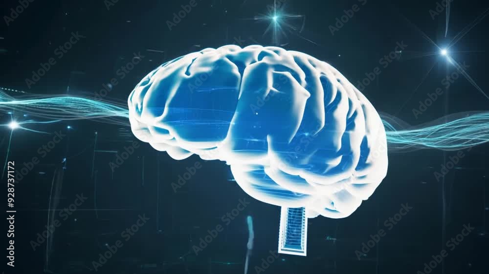 Poster brain model illuminated with digital connections and data elements generative ai