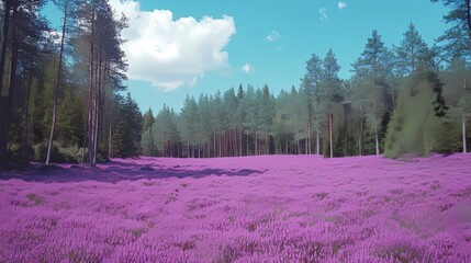 A violet meadow of unreal spring flowers in infrared