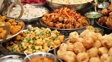 Obraz premium Describe the preparation of a traditional Pakistani Iftar meal. Write about dishes like Pakoras, Chaat, and Rooh Afza, enjoyed with loved ones to break the fast and celebrate togetherness.
