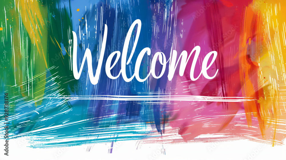 Poster Welcome sign is displayed on a colorful abstract background with brush strokes