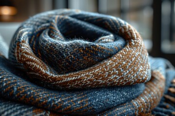 Fototapeta premium A close-up shot of a warm and cozy patterned knitted scarf with a blend of blue, brown, and white colors, perfectly capturing the intricate details of the fabric texture and weaving technique