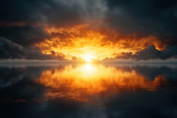 Fototapeta premium A breathtaking sunset reflects on tranquil waters, surrounded by dramatic clouds and vibrant colors creating a serene atmosphere.