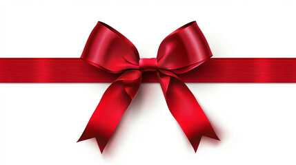 Fototapeta premium Top view of Red ribbon rolled and red bow isolated on colored background.