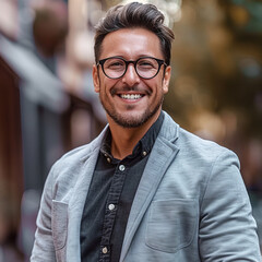 Obraz premium Smiling Executive Man with Glasses Holding a Tablet 