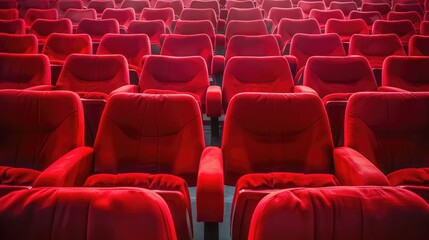 Obraz premium Rows of Red Theater Seats in a Darkened Auditorium