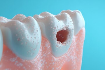 Fototapeta premium This is an intricate and detailed threedimensional model that prominently showcases a decayed tooth featuring visible plaque. It is ideal for use in dental education and promoting health awareness