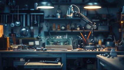 A jewelry maker in a stylish studio with an AI assistant as a holographic display providing design patterns and material options. Bright lighting highlights details. AIG60