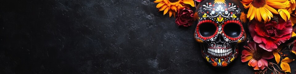 Dia de los muertos celebration background with vibrant skull and flowers for festive design