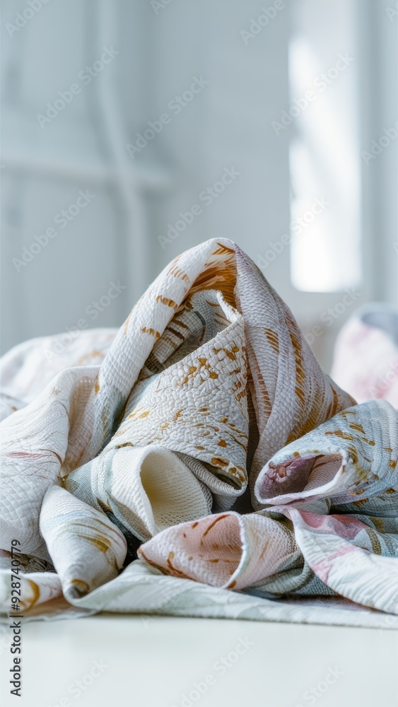 Poster A pile of folded cloths on a table with some in the air, AI