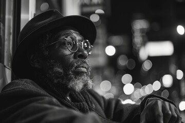 A black and white portrait of an elderly man with a beard wearing eyeglasses and a hat, captured during the night with blurred city lights in the background