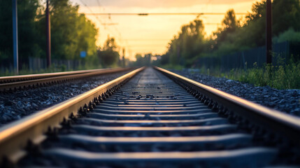 Obraz premium Railway lines with track ballast. Train tracks underlay, rails and crushed stones. Industrial landscape. Railway junction. Heavy industry. Railway track.