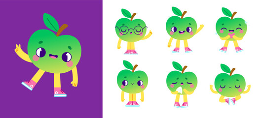 Cute apple fruit mascot poses set. Retro cartoon vector fresh character with emotion. Baby food mascot.