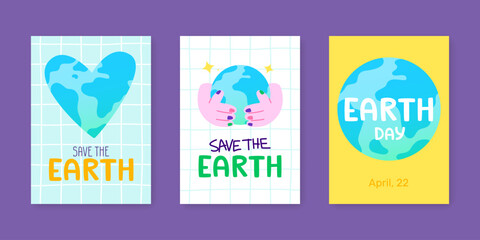 Earth day banner set. Cartoon poster collection with world globe for kids.