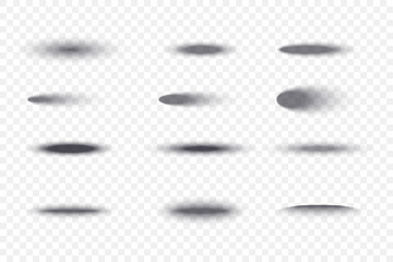 Ellipse drop shadow set. Gradient blurred transparent realistic elements.