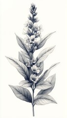 A detailed monochrome of a plant with intricate leaves and flowers, perfect for botanical art lovers.