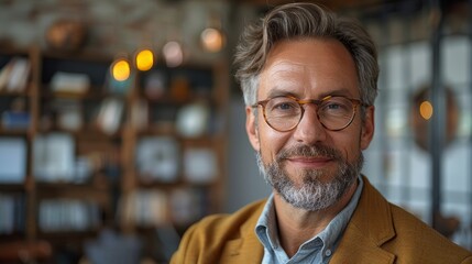 Fototapeta premium Middle-aged man with glasses smiling in a cozy café during daytime, surrounded by wooden shelves and warm lighting