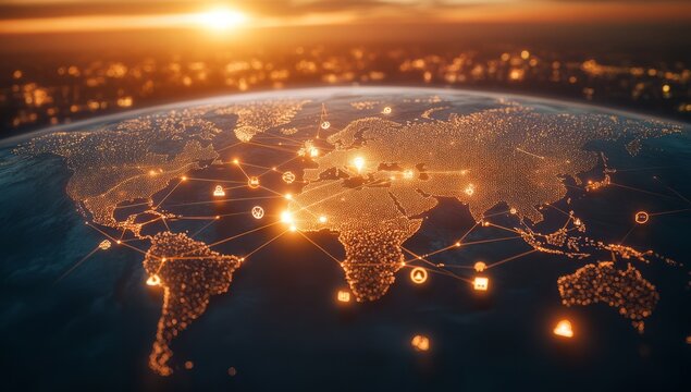 Global business expanding horizons with international CRM development, showcasing interconnected markets, diverse teams, and innovative strategies for growth and customer relationship management.