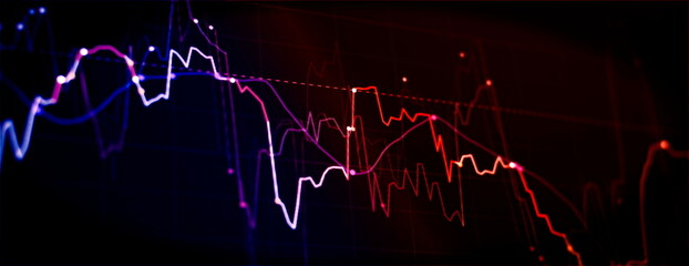 Technical price graph and indicator, red and green candlestick chart on blue theme screen, market...