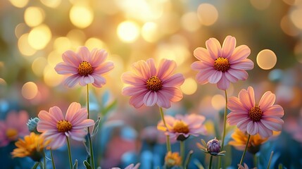 Fototapeta premium Beautiful pink flowers in a field with a soft golden bokeh background.