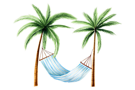 Striped hanging hammock with Green palm trees. Lazy summer clipart. Watercolor hand drawn floral jungle illustration isolated on background. For designers, postcards, greetings, birthday, calendar