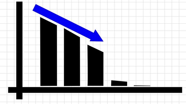 Falling trend chart. Abstract decreasing business graph black bars with blue arrow animation background