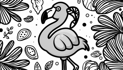 Coloring page, cute flamingo