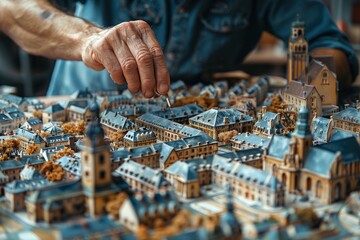 A close-up shot of a person carefully modifying components on a detailed architectural model town illustrates precision and focused attention to craftsmanship.