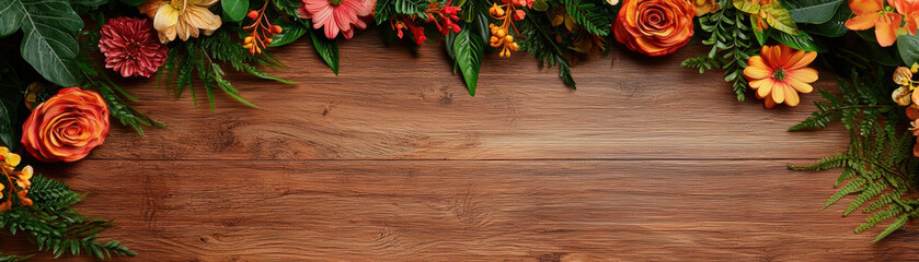 Fototapeta premium Rustic wooden background adorned with autumn flowers and leaves, ideal for seasonal designs and festive projects.
