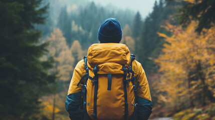 Young male tourist walking the forest path with big travel backpack. Healthy lifestyle, sport, active timespending outdoors, recreation concept.