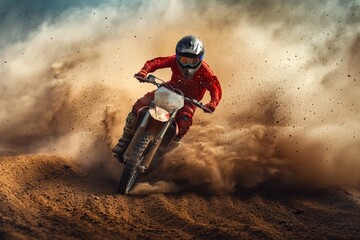 a cross biker in action, riding fast on the track with full dust