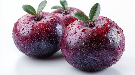 Obraz premium Three fresh plums with water drops on the skin and green leaves on white background.
