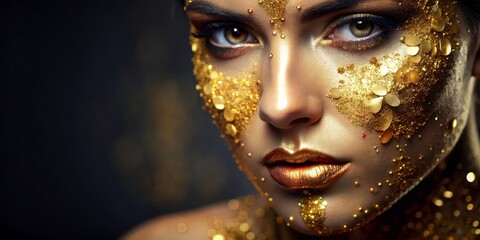 Golden Goddess Close-up Portrait with Glitter and Gold, beauty , makeup , glamour , photography