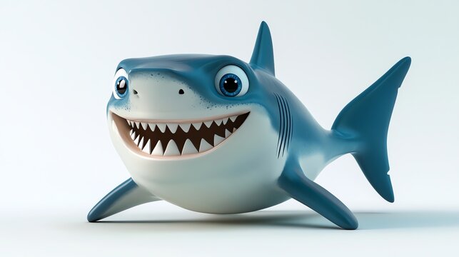 A cartoon shark with big eyes smiles and looks at the camera.