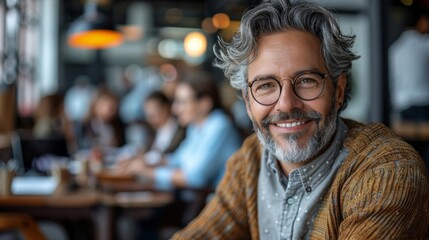 A cheerful older man with glasses and gray hair smiles in a cozy cafe during a busy afternoon with friends and colleagues
