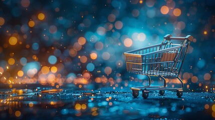 empty shopping cart in focus standing in a hallway of a supermarket