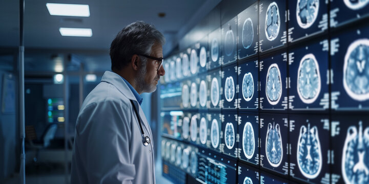 A senior male doctor in a lab coat, examines multiple brain scans displayed on digital screens in a modern, dimly-lit medical facility. Professional focus on neurological diagnostics and brain health.