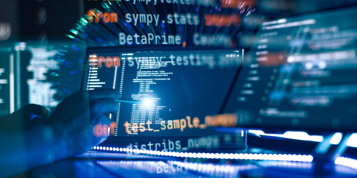 CSS, JavaScript and HTML usage. Monitor closeup of function source code. Abstract IT technology background. Software source code.