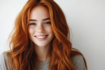 Fototapeta premium Closeup of happy attractive young woman with long wavy red hair and freckles wears stylish t shirt looks happy and smiling isolated over white, Generative AI