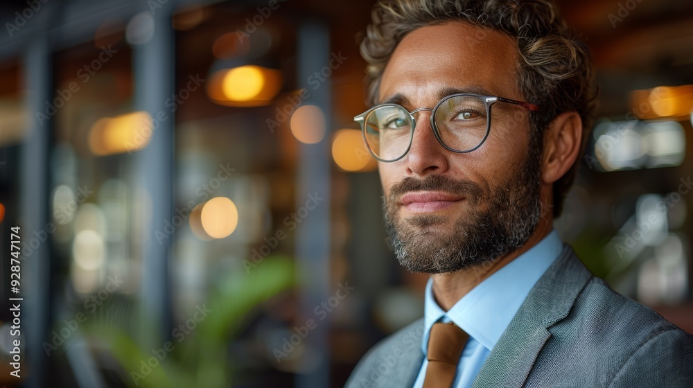 Wall mural Professional man in a suit smiling confidently in a modern office setting during the day