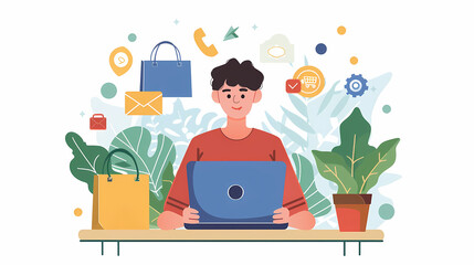 male teenager working with laptop, shopping online, making call. Importance of digital literacy for elderly people vector image