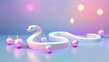 Minimalistic image of a white snake with geometric shapes on a pastel background with a pink and blue gradient. Sparkling pink New Year's balls are placed around the snake, creating a festive