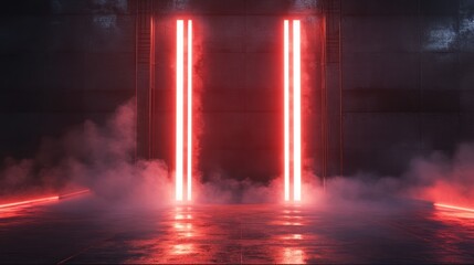 Glowing Red Neon Lights in a Foggy Industrial Space