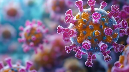 Close-up of monkeypox virus cells under a microscope, vibrant colors highlighting the viral structure