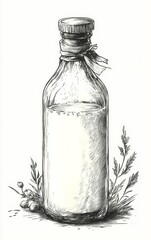 A vintage glass bottle filled with white liquid, adorned with a rustic ribbon and surrounded by fresh herbs and plants.