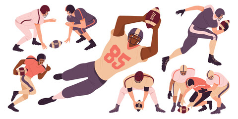 Set of Rugby players. Athletes in sports uniforms and helmets play American football, throwing and catching ball. Team Sports Game. Flat vector illustration collection isolated on white background