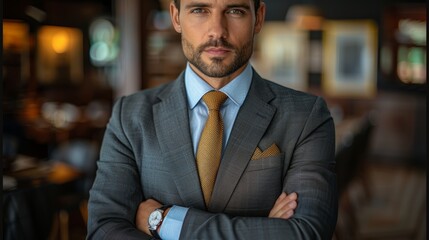 Fototapeta premium Confident man in a tailored suit poses with arms crossed in an upscale restaurant during evening hours