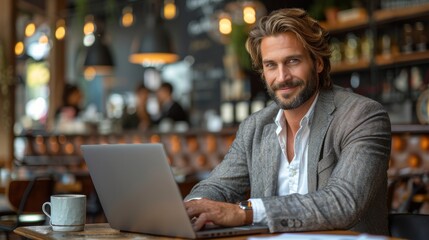 A man working on a laptop in a cozy café with warm lighting and a relaxed atmosphere