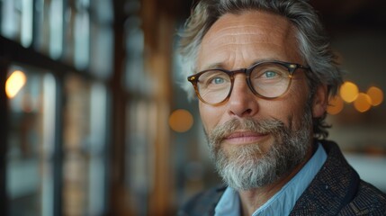 A smiling middle-aged man with glasses and a beard sitting indoors, gazing thoughtfully through a window in a cozy café