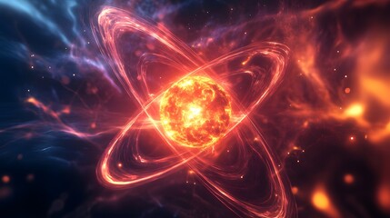 11. An atom with a radiant core and dynamic, swirling electron orbits in a high-energy environment