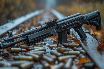 Close-up of a modern black assault rifle on wet railway tracks with numerous spent bullet casings and autumn leaves scattered around, showcasing outdoor and military equipment